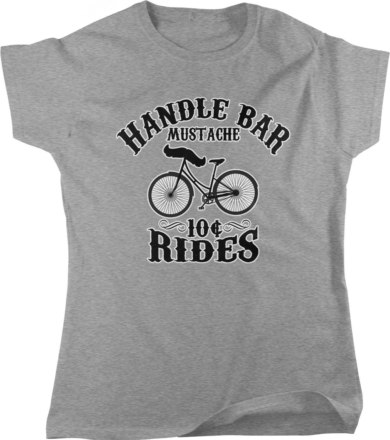 A gray t-shirt with a graphic design featuring a bicycle and the text "HANDLE BAR MUSTACHE 104 RIDES".