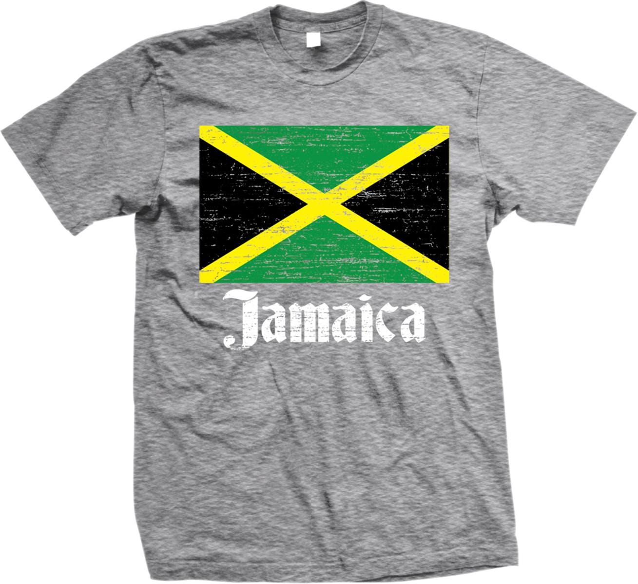 A gray t-shirt with a graphic of the Jamaican flag and the word "Jamaica" printed on it.