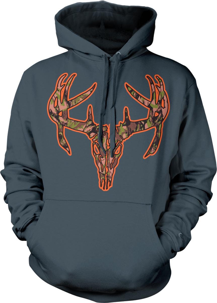 A hooded sweatshirt with a graphic design featuring a skull and antlers in orange and green colors.