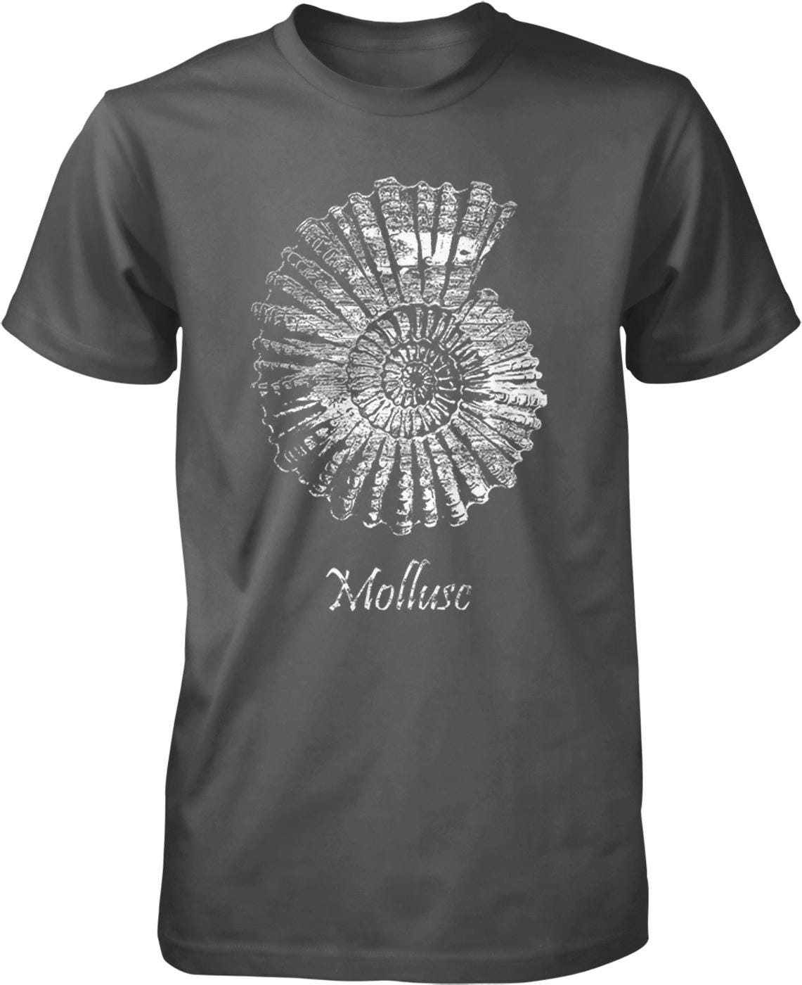 A gray t-shirt with a white graphic design depicting a spiral shell or shell-like shape.