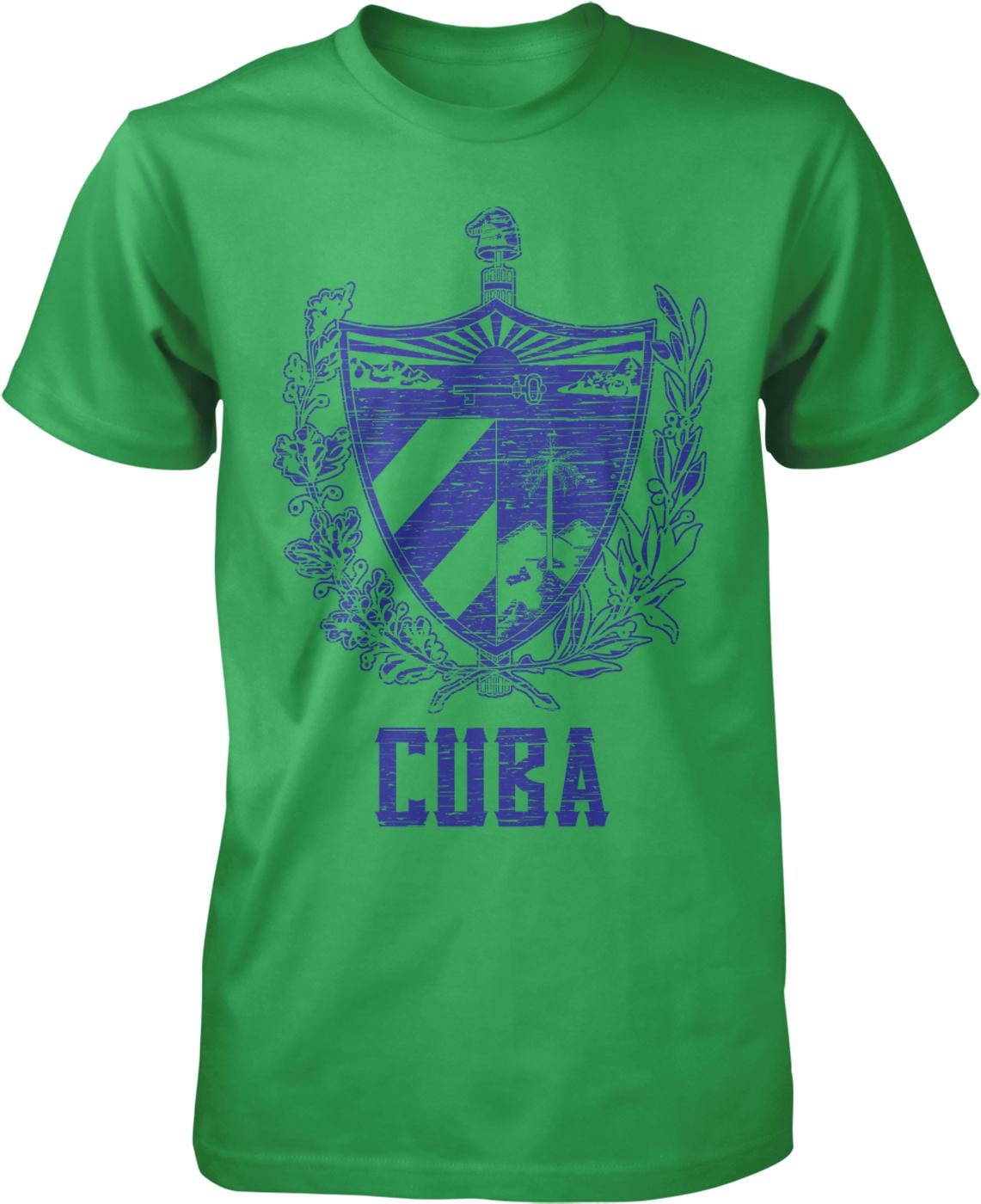 A green t-shirt with a graphic design featuring a shield with a sword and a wreath, along with the word "CUBA" printed below.