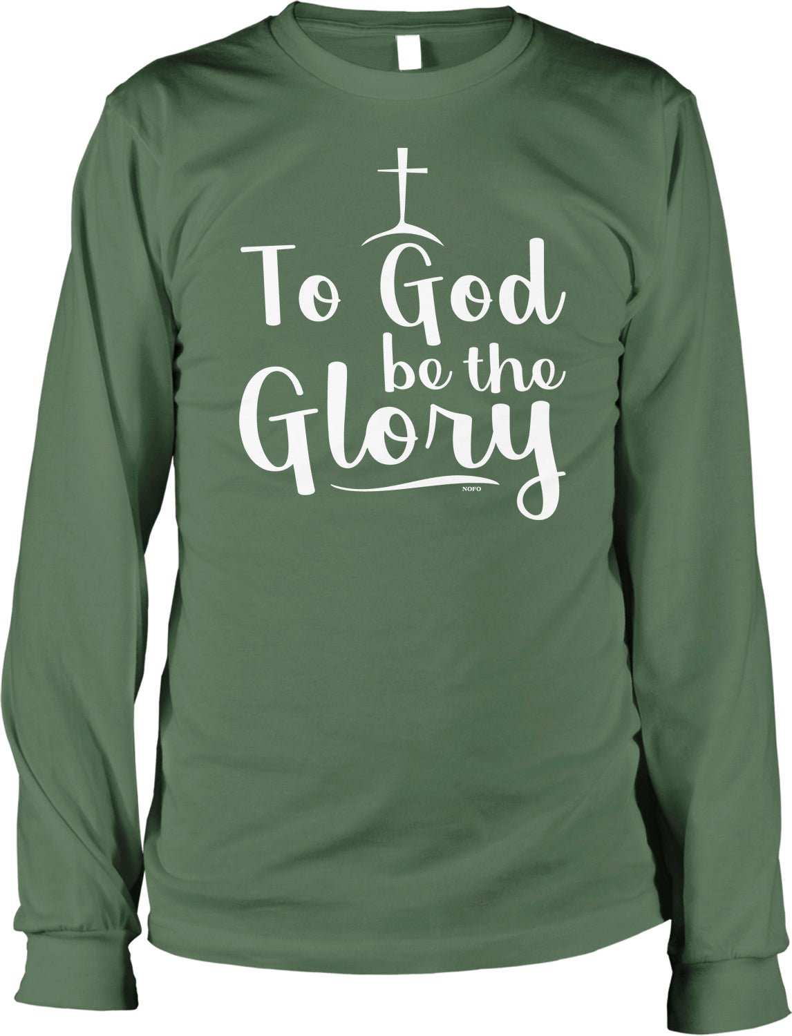 A green long-sleeved shirt with white text that reads "To God be the Glory".