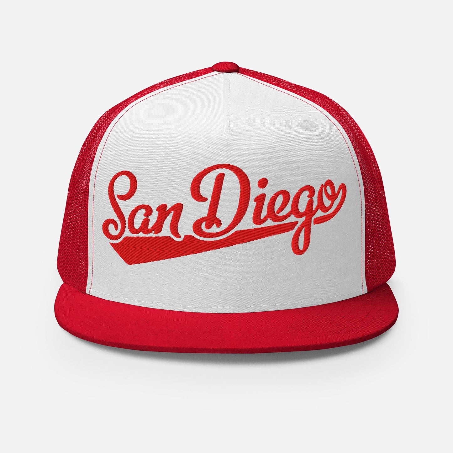 Snapback Trucker Hat - San Diego Script Baseball Five Panel Cap With Breathable Mesh