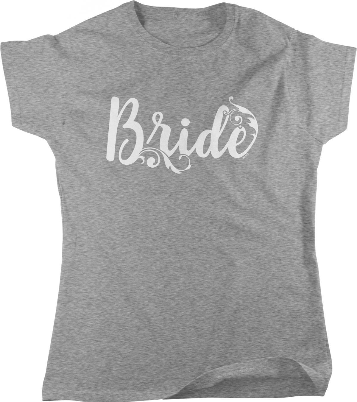 A gray t-shirt with the word "Bride" printed in a decorative font.