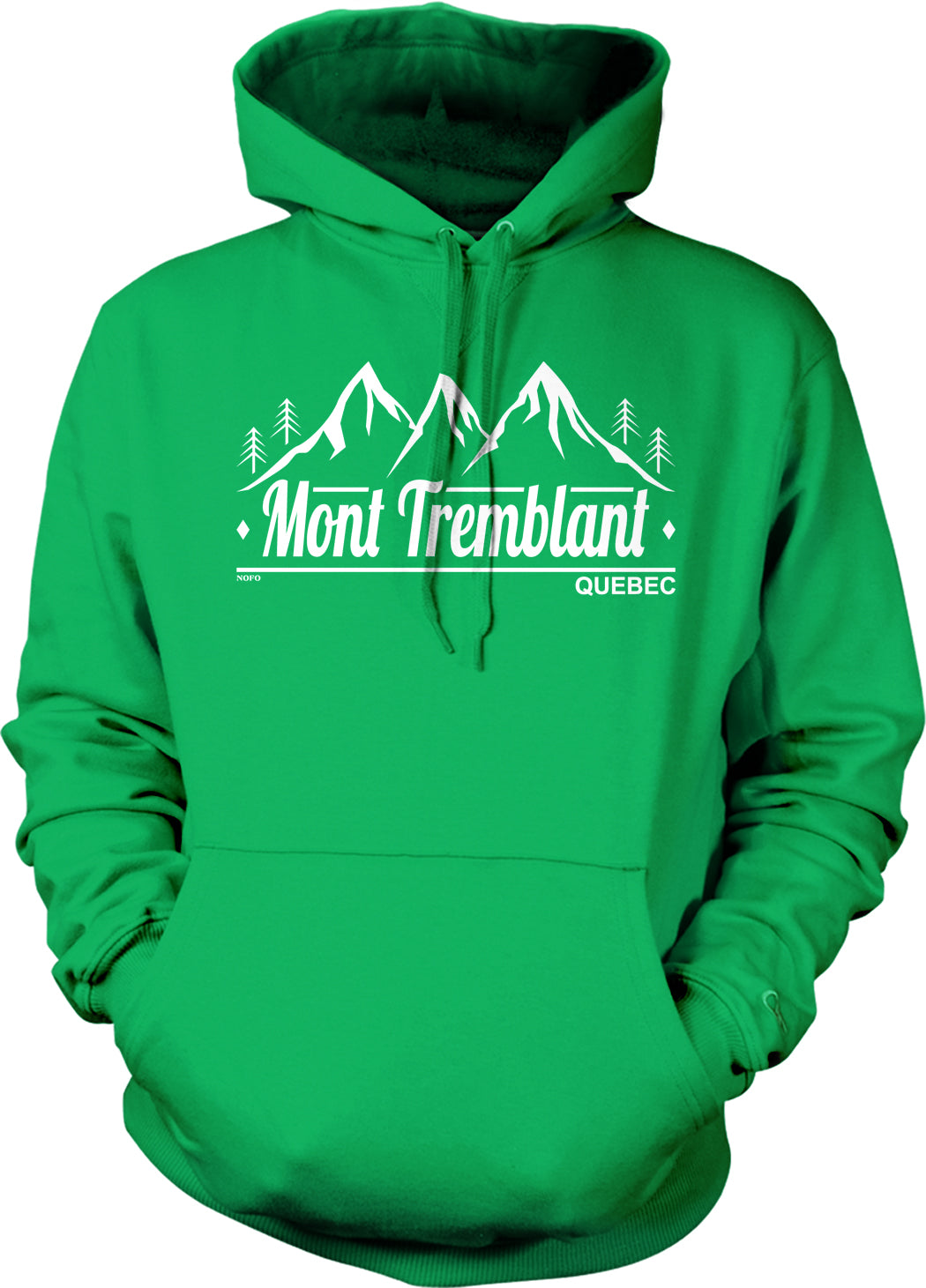 A bright green hoodie with a graphic design featuring mountains and the text "Mont Tremblant" and "Quebec" printed on it.