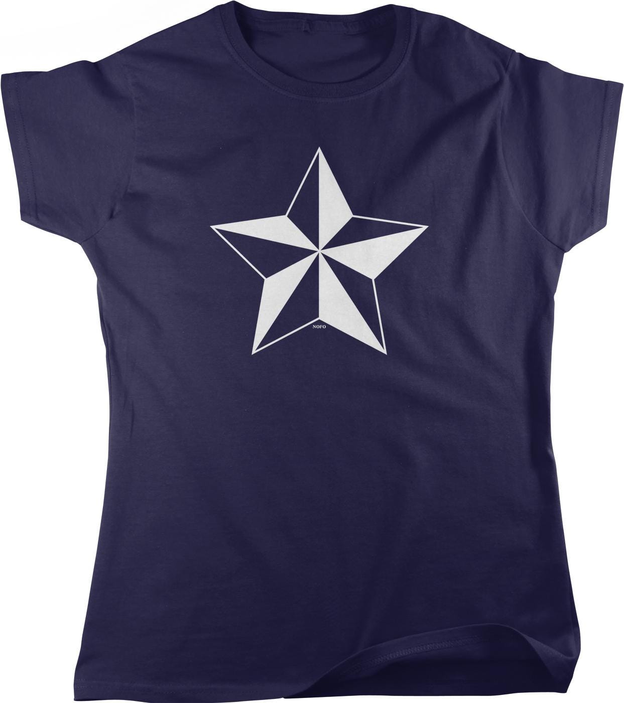 A navy blue t-shirt with a white star graphic printed on it.