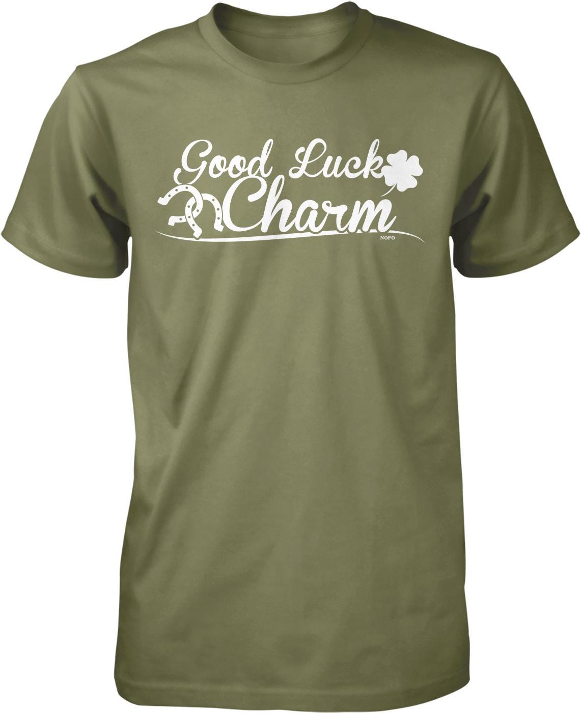 A green t-shirt with the text "Good Luck Charm" printed on it.