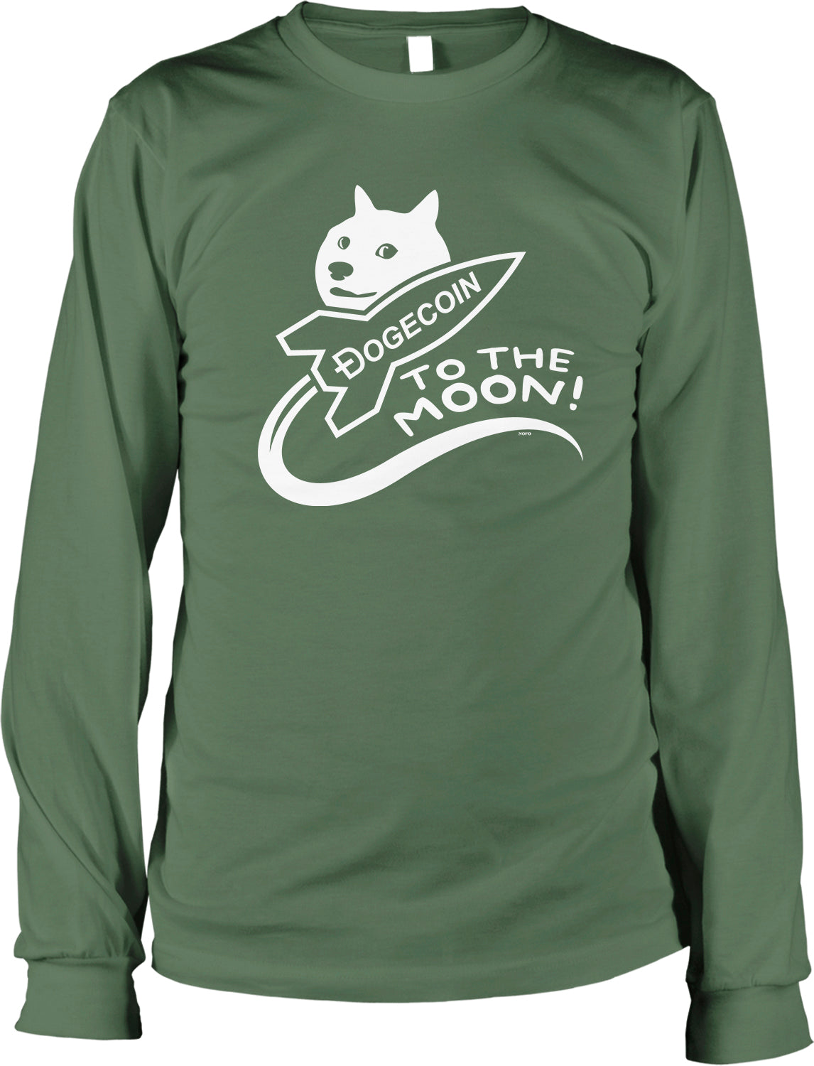 A green long-sleeved t-shirt with a white graphic design depicting a cat riding a rocket ship labeled "DOGECOIN" and the text "DOGECOIN TO THE MOON!"