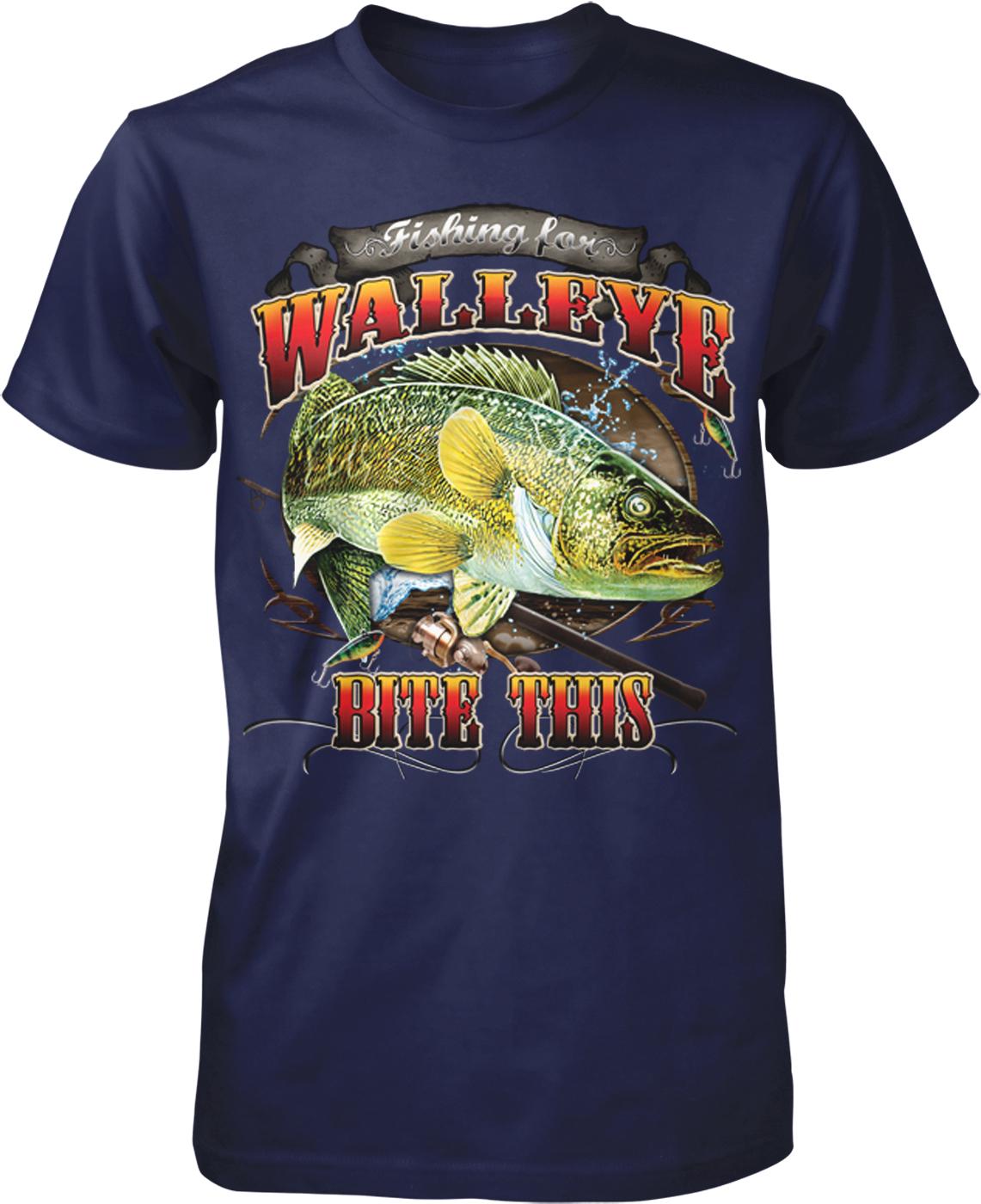 A blue t-shirt with a graphic design featuring a large fish and the text "Fishing for WALLEYE BITE THIS".