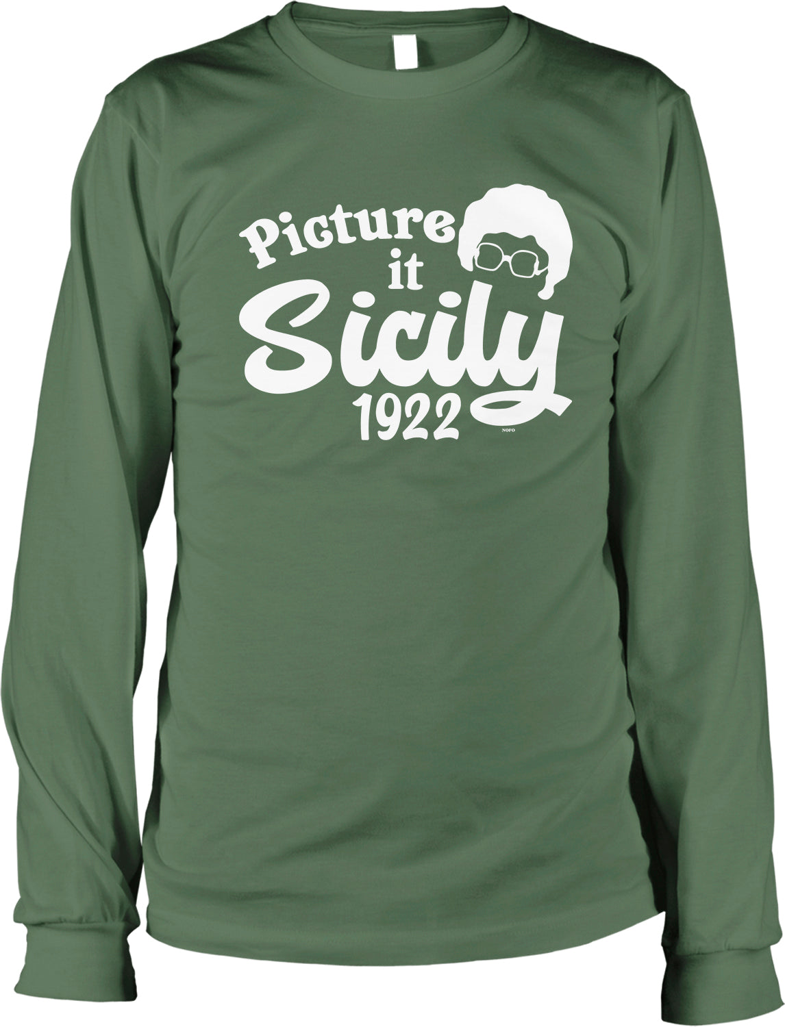 A green long-sleeved t-shirt with white text and a graphic design.