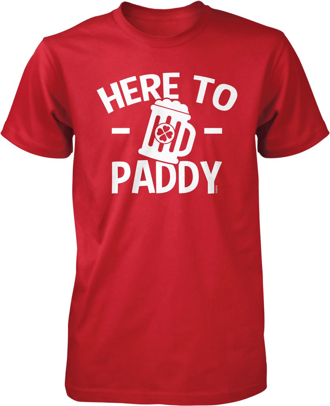 A red t-shirt with the text "HERE TO PADDY" printed on it.