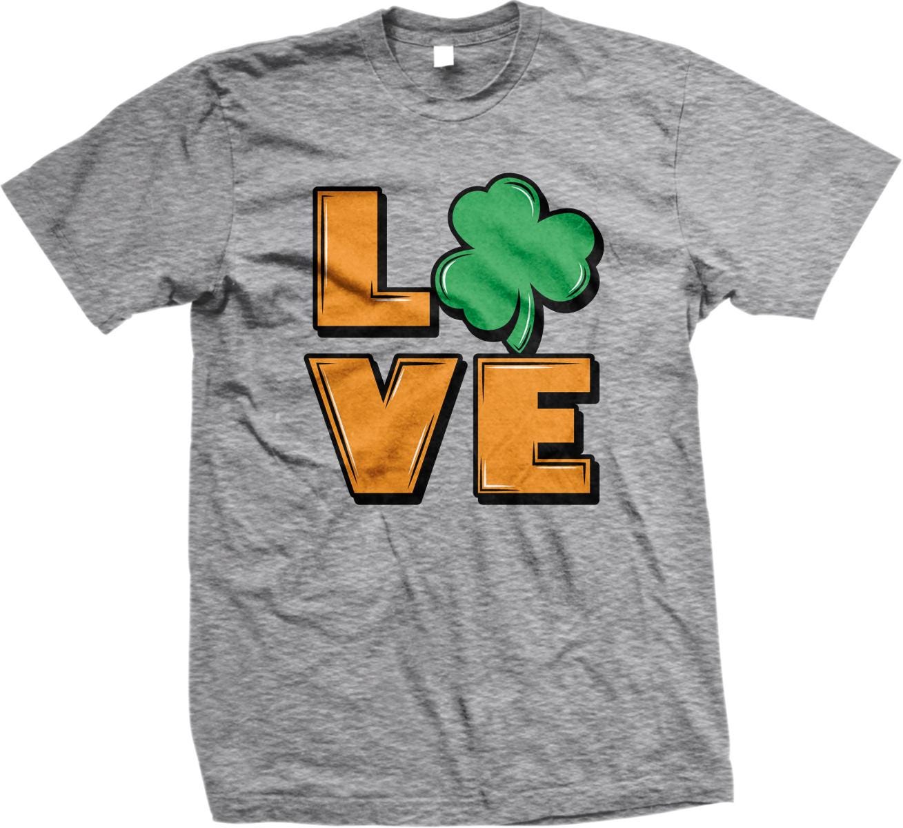 A grey t-shirt with the word "LOVE" and a green shamrock graphic printed on it.