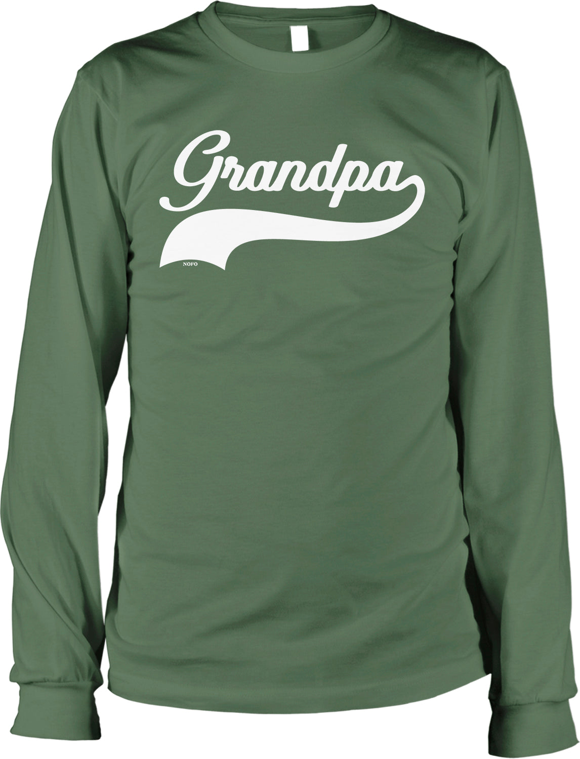 A long-sleeved green t-shirt with the text "Grandpa" printed on it in white lettering.