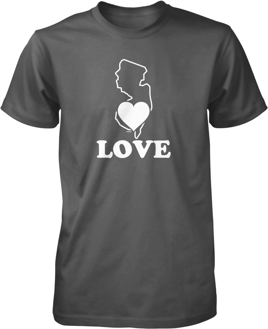 A gray t-shirt with a white graphic design that includes a heart shape and the word "LOVE" written below it.
