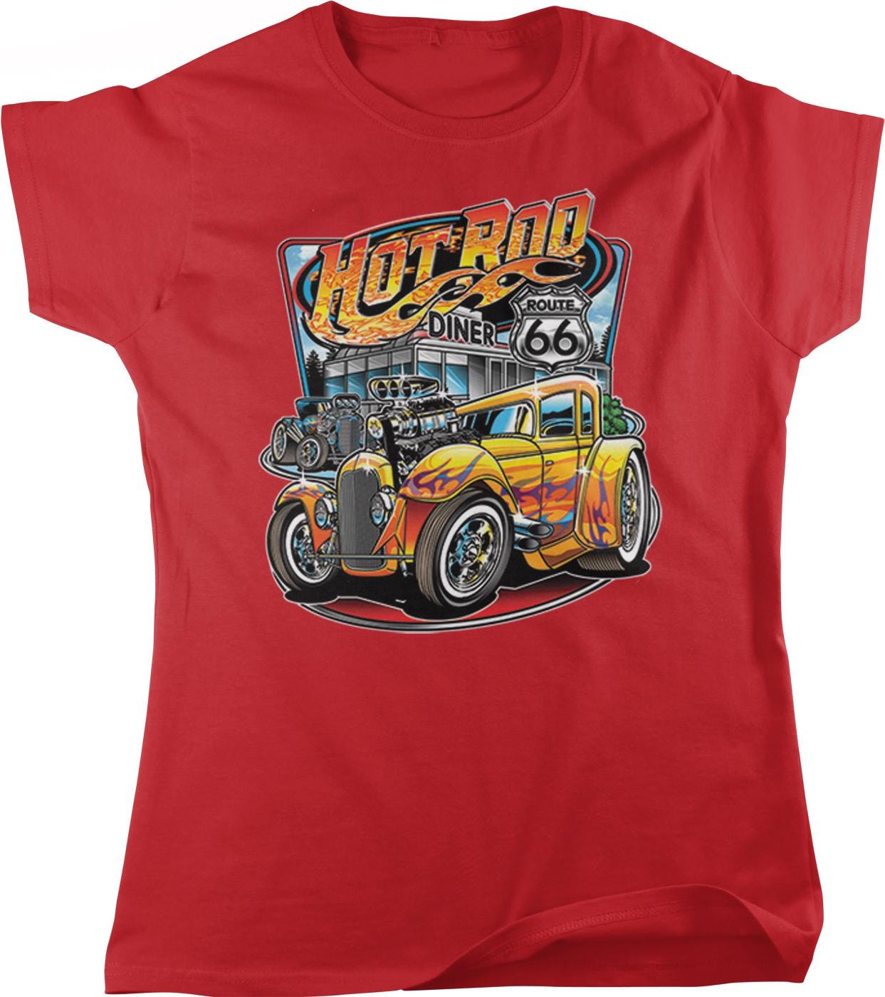 A red t-shirt with a graphic design depicting a vintage car and a diner, along with the text "Hotrod Diner 66" and "ROUTE 66".