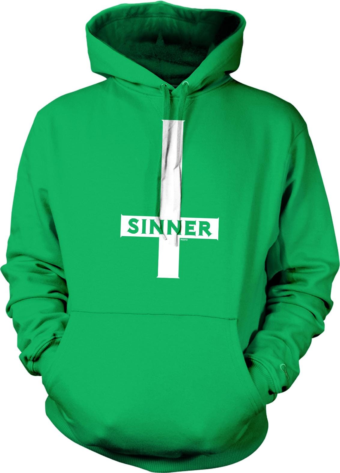 A bright green hoodie with a white cross design and the word "SINNER" printed on it.