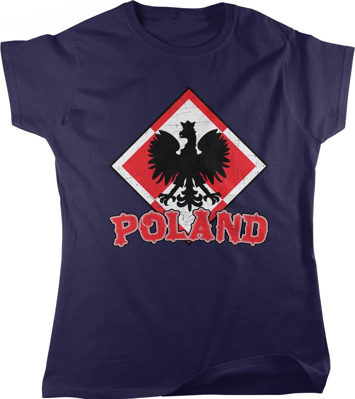 A navy blue t-shirt with a graphic design featuring a black eagle with outstretched wings and the word "POLAND" written below it.