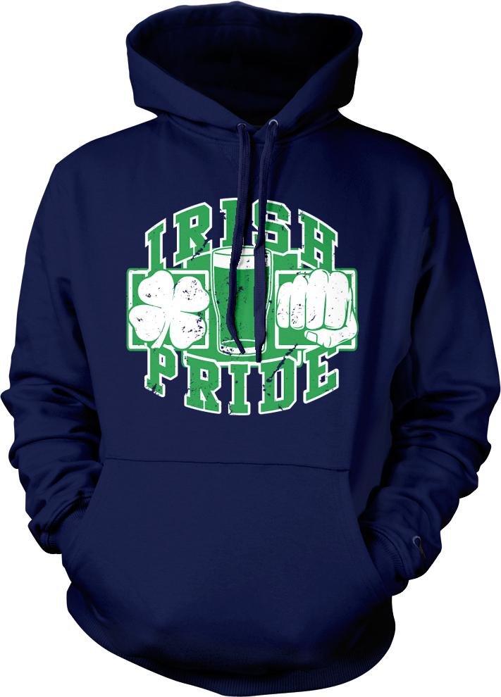 A navy blue hoodie with a graphic design featuring the text "IRISH PRIDE" and clovers, along with a fist symbol.