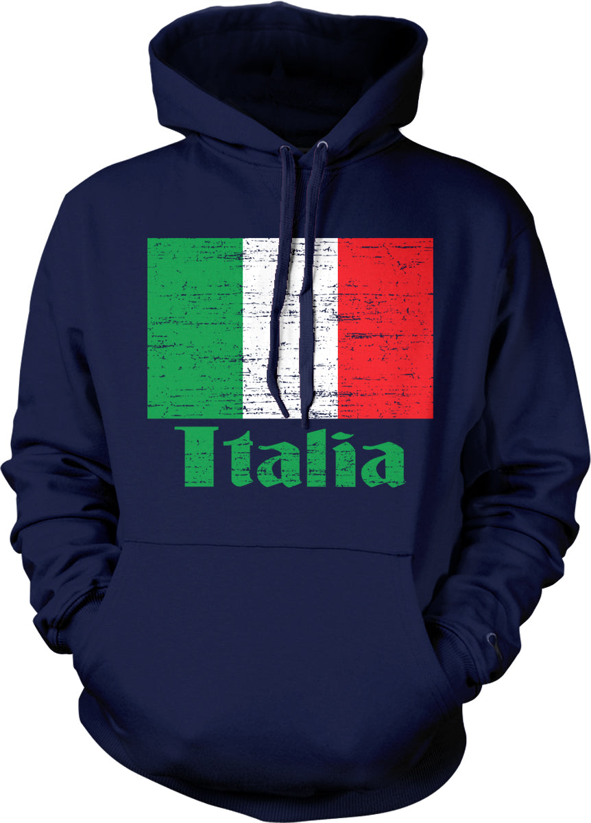 A navy blue hoodie with a graphic of the Italian flag and the word "Italia" printed on it.