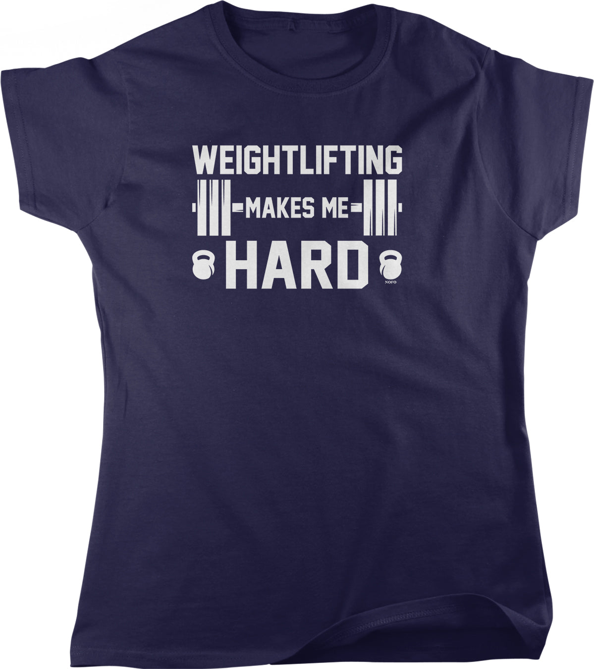 The image is a navy blue t-shirt with white text that reads "WEIGHTLIFTING MAKES ME HARD".