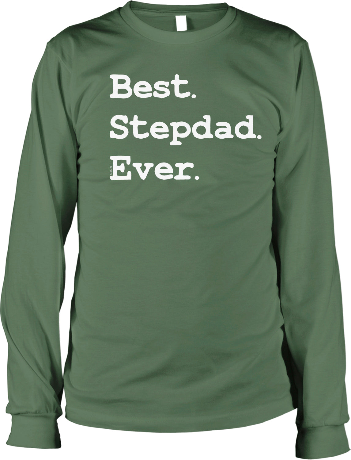 A green long-sleeved t-shirt with white text printed on it.