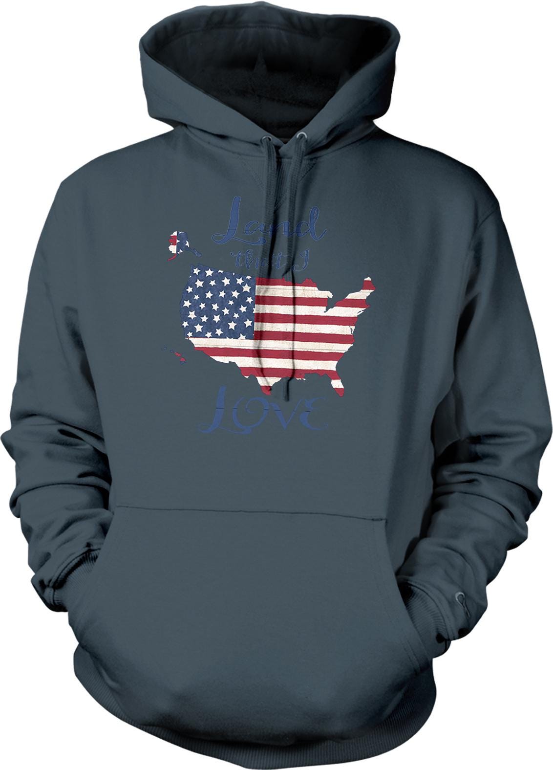 A gray hoodie with a graphic design of the United States flag and the text "Love" printed on it.