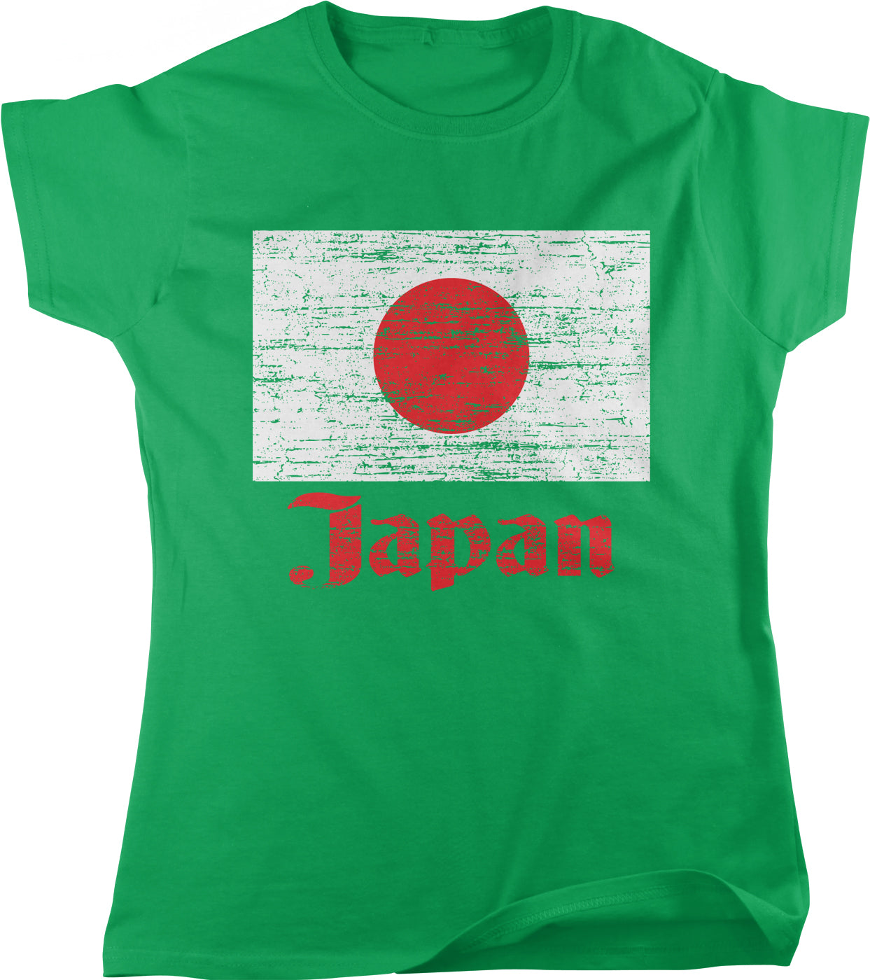 A green t-shirt with a graphic design of the Japanese flag and the word "Japan" printed on it.
