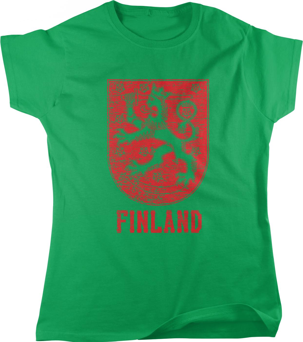 A green t-shirt with a red graphic design depicting a shield-like emblem with a lion and the word "FINLAND" written below it.