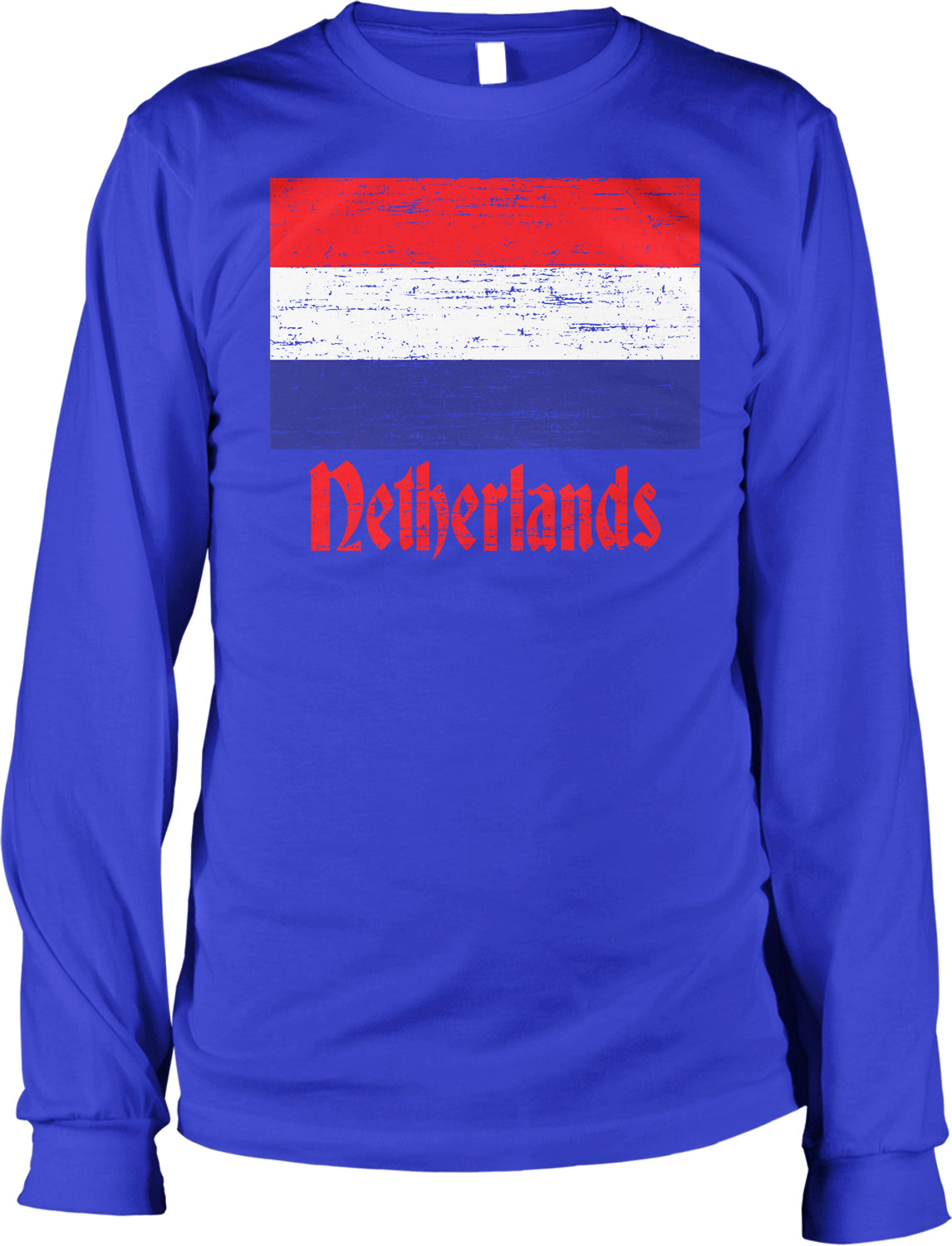 A long-sleeved blue t-shirt with a graphic design depicting the flag of the Netherlands.
