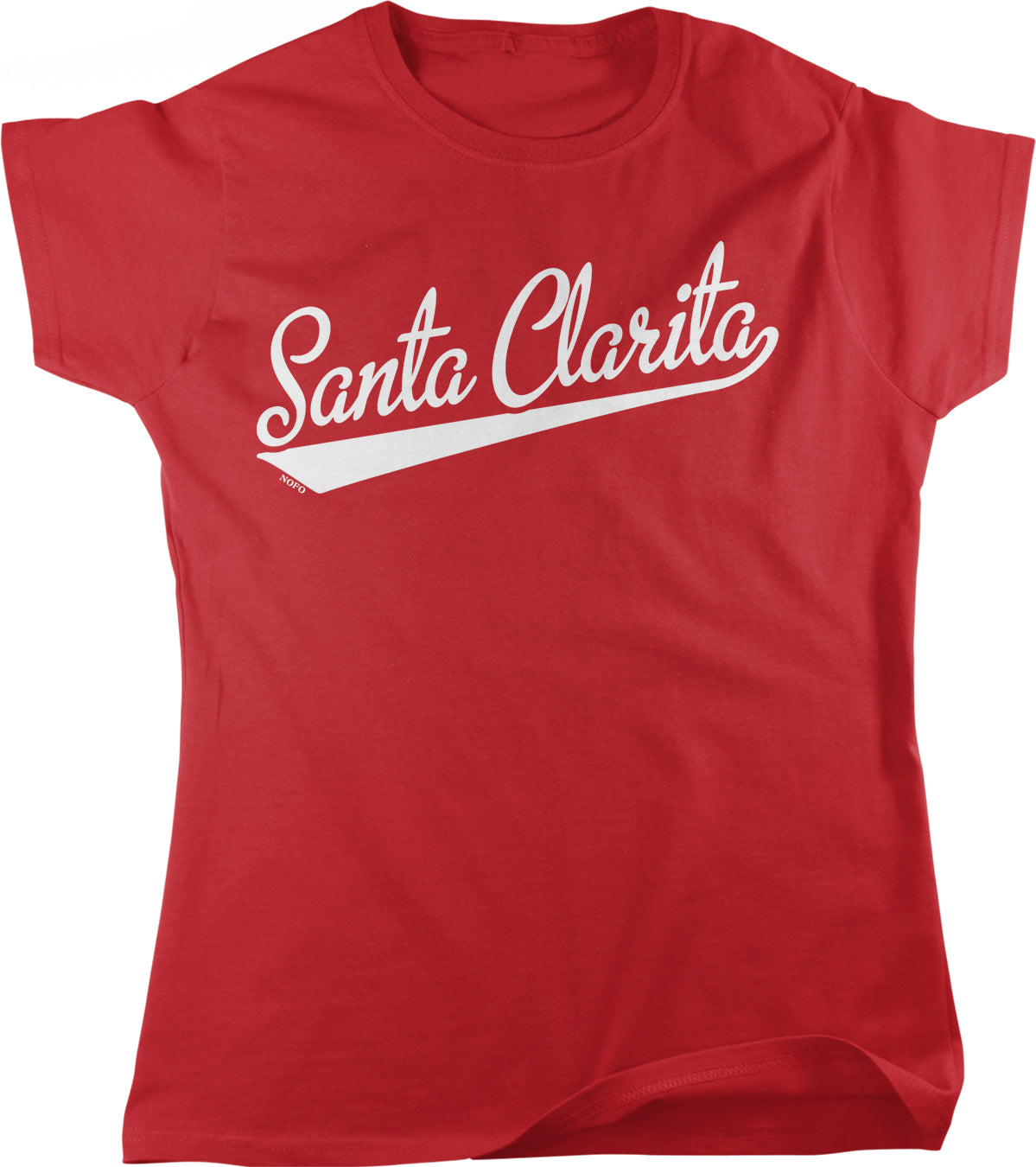 A red t-shirt with the text "Santa Clarita" printed on it in white lettering.