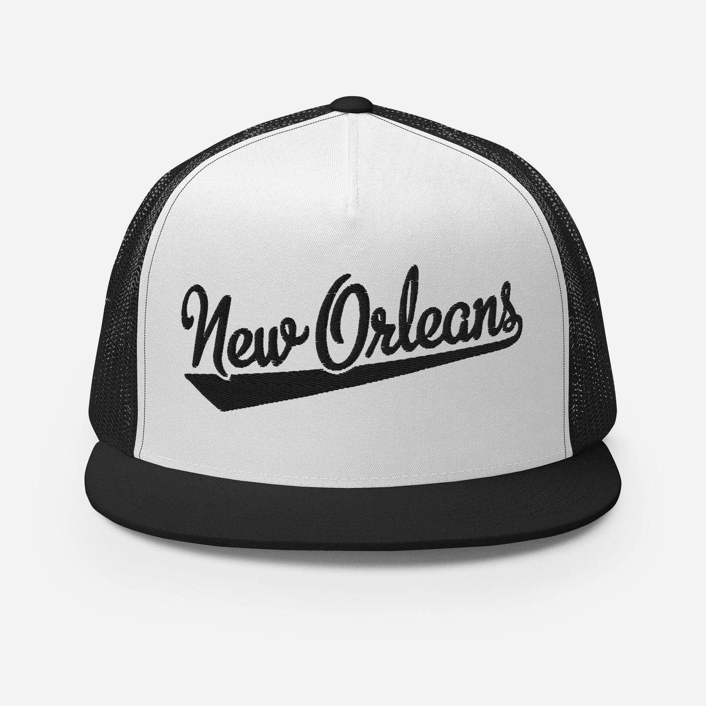 A black and white baseball cap with the text "New Orleans" printed on it.