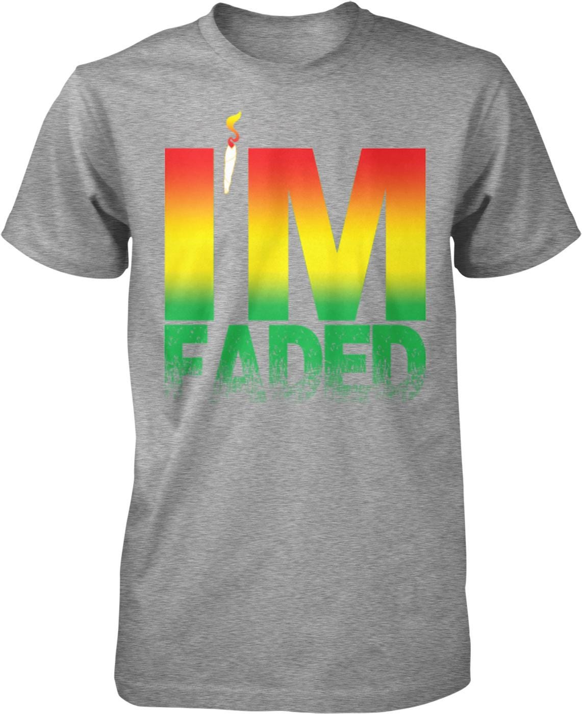 A gray t-shirt with a graphic design featuring the text "I'm Faded" in a gradient of red, orange, and green.