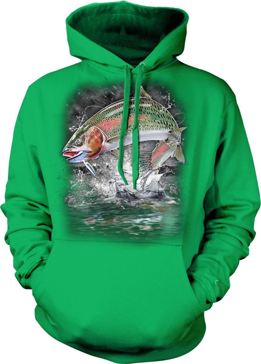 A green hoodie with a graphic of a fish jumping out of the water.
