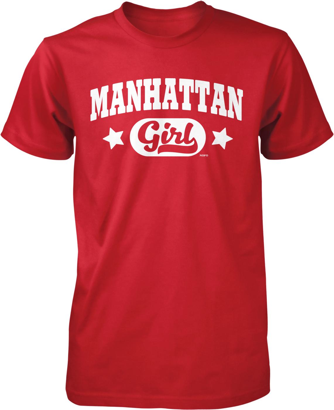 A red t-shirt with the text "MANHATTAN Girl" printed on it.