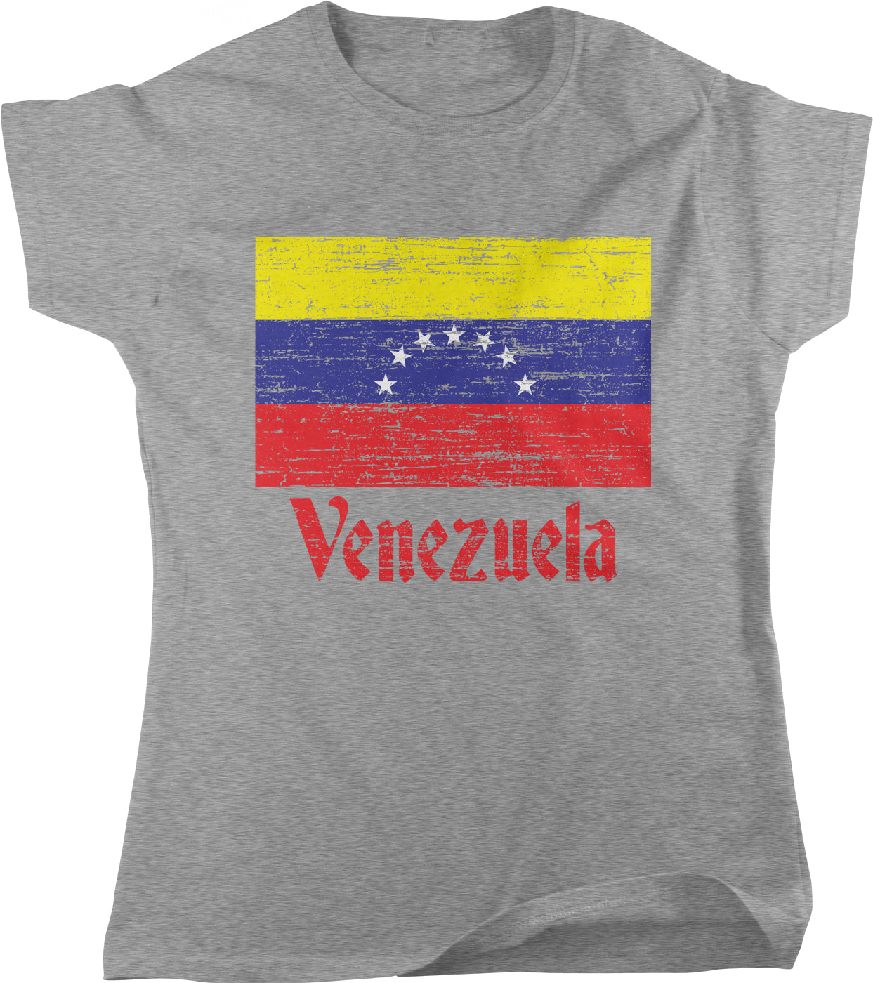 A gray t-shirt with the flag of Venezuela printed on it.