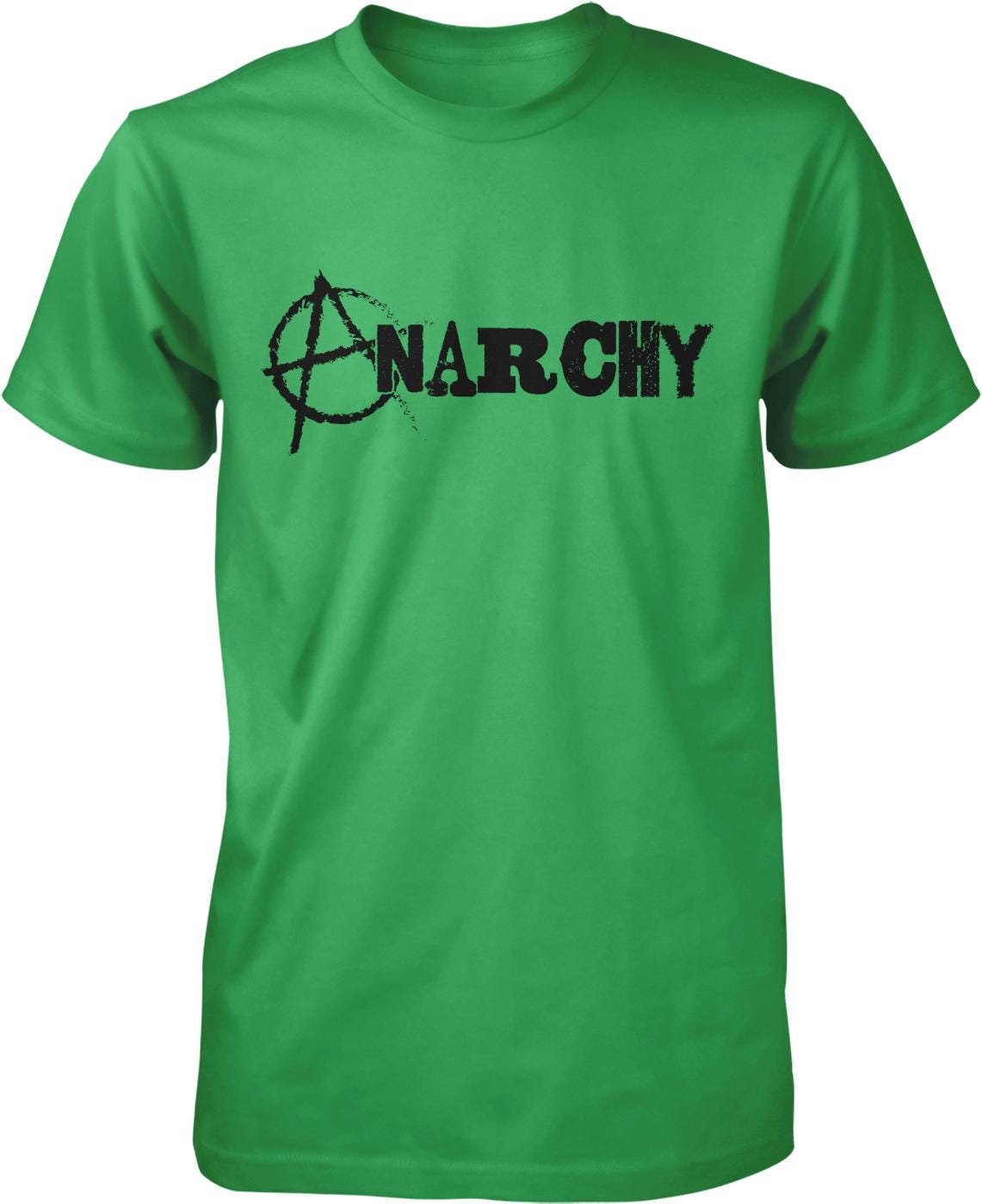 A green t-shirt with the word "ANARCHY" printed on it in a distressed, distressed font.