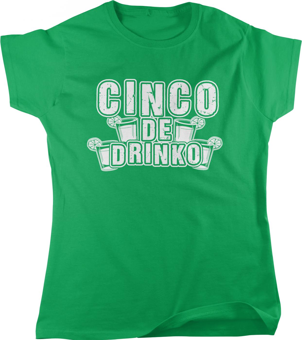 A green t-shirt with the text "CINCO DE DRINKO" printed on it.