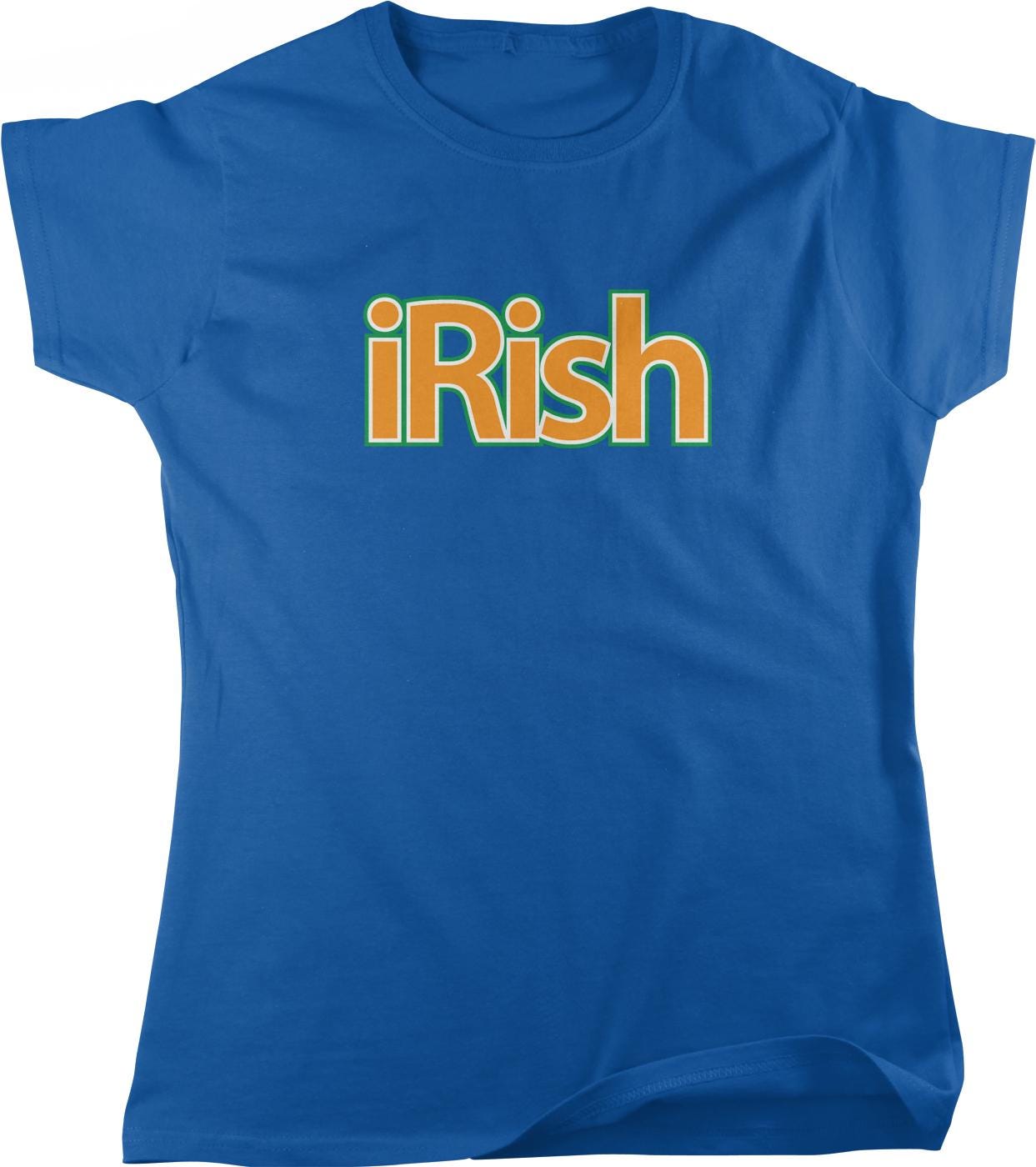 A blue t-shirt with the word "iRish" printed on it in orange and green text.