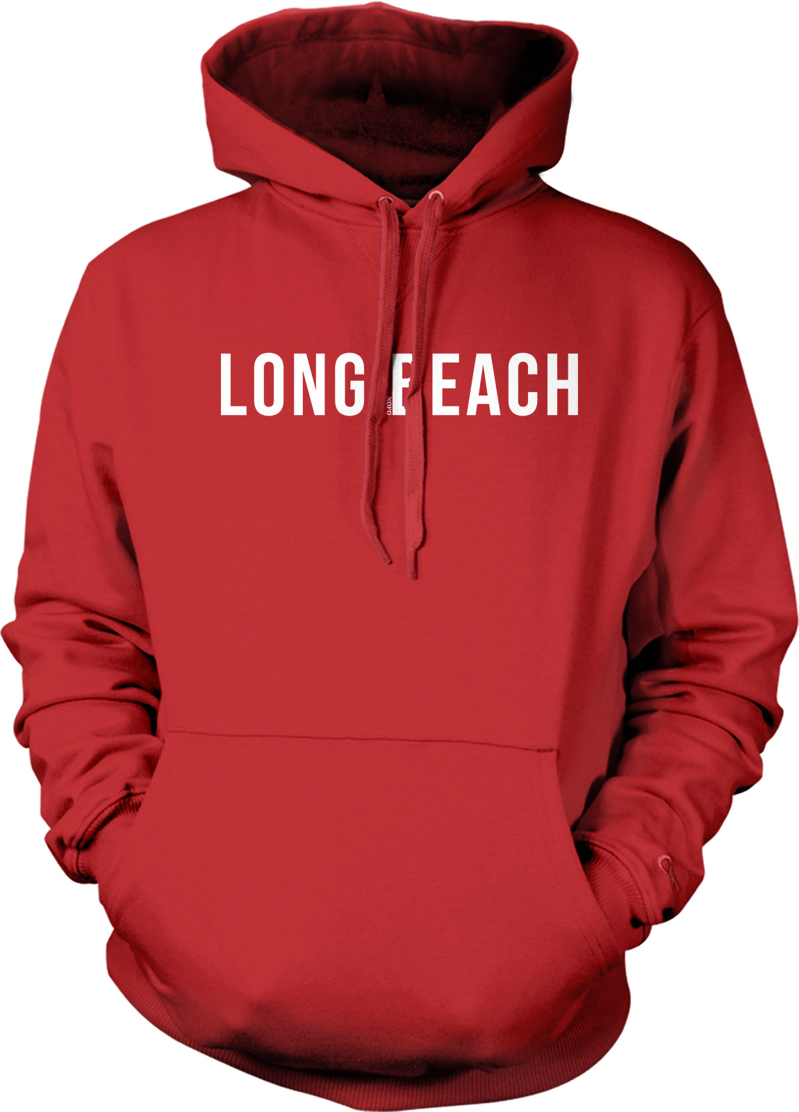 A red hoodie with the text "LONG EACH" printed on it.