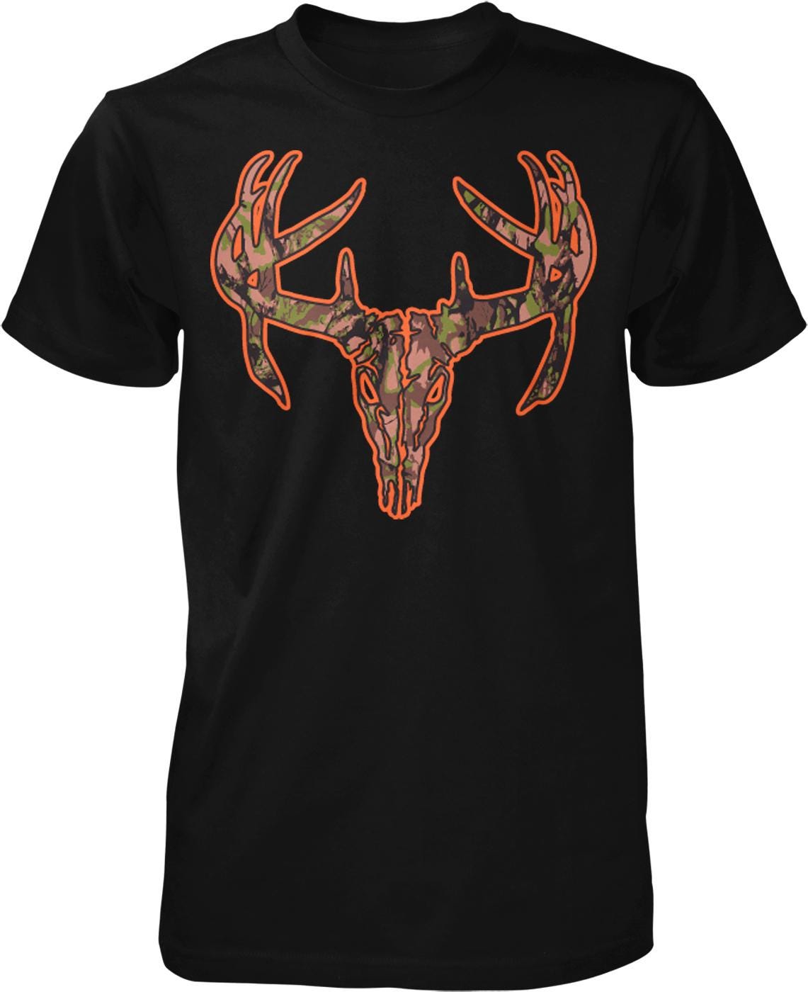 A black t-shirt with a graphic design of a deer skull and antlers in orange and green camouflage colors.