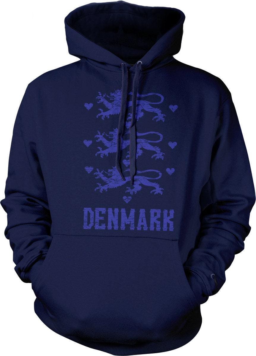 Denmark Coat of Arms Hoodie, Nordic Sweatshirt With Double-Ply Hood & Pouch Pocket