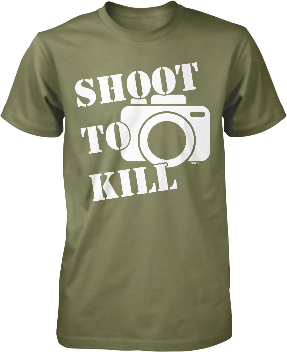 A green t-shirt with the text "SHOOT TO KILL" printed on it, along with a graphic of a camera.