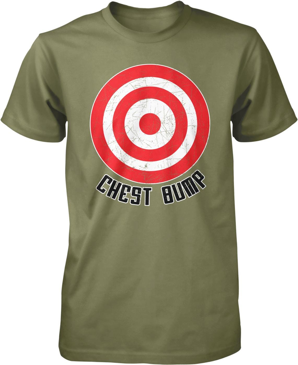 A green t-shirt with a red and white target design and the text "CHEST BUMP" printed on it.