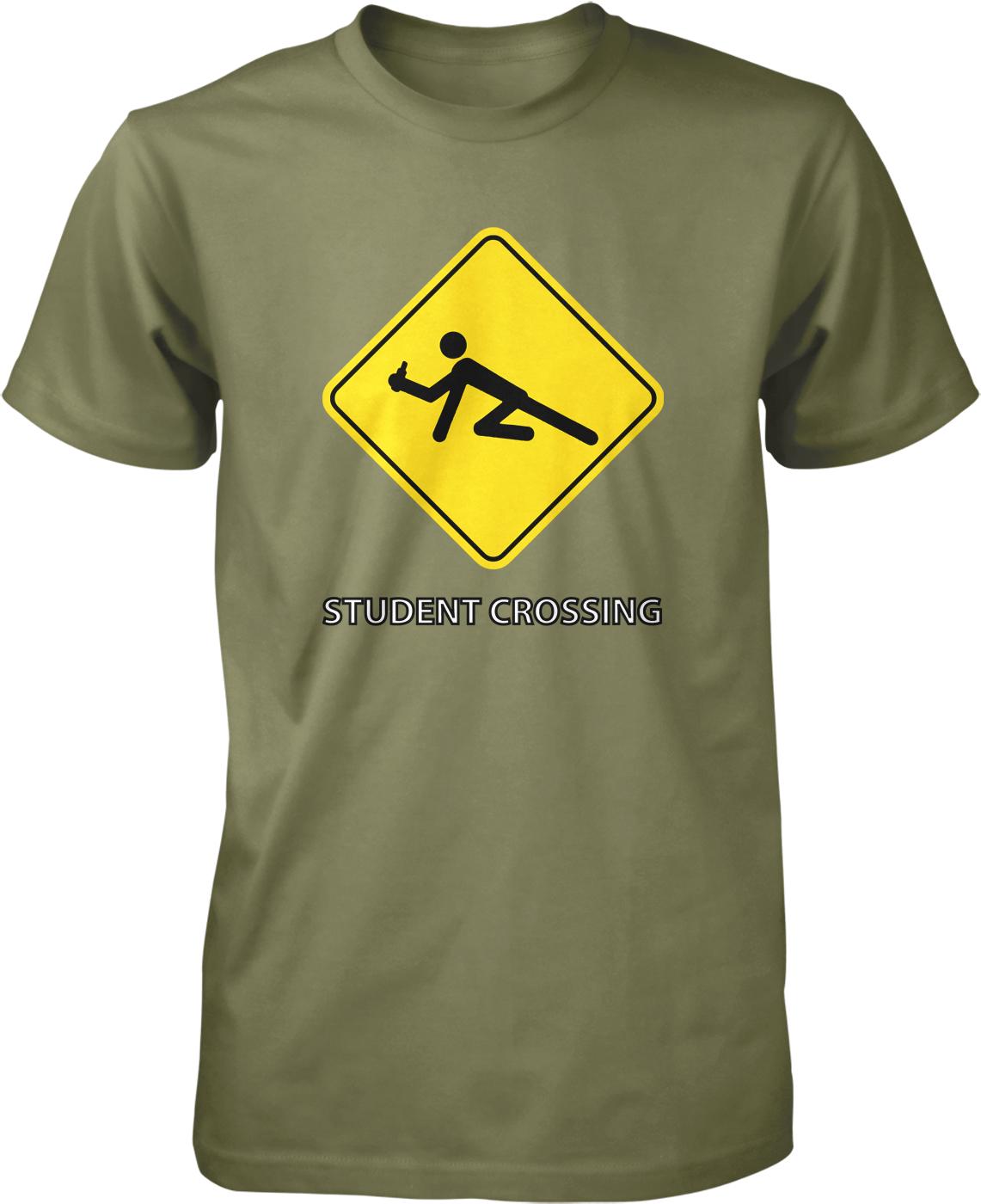 A green t-shirt with a yellow diamond-shaped sign featuring a person in a crouching position, along with the text "Student Crossing" below it.