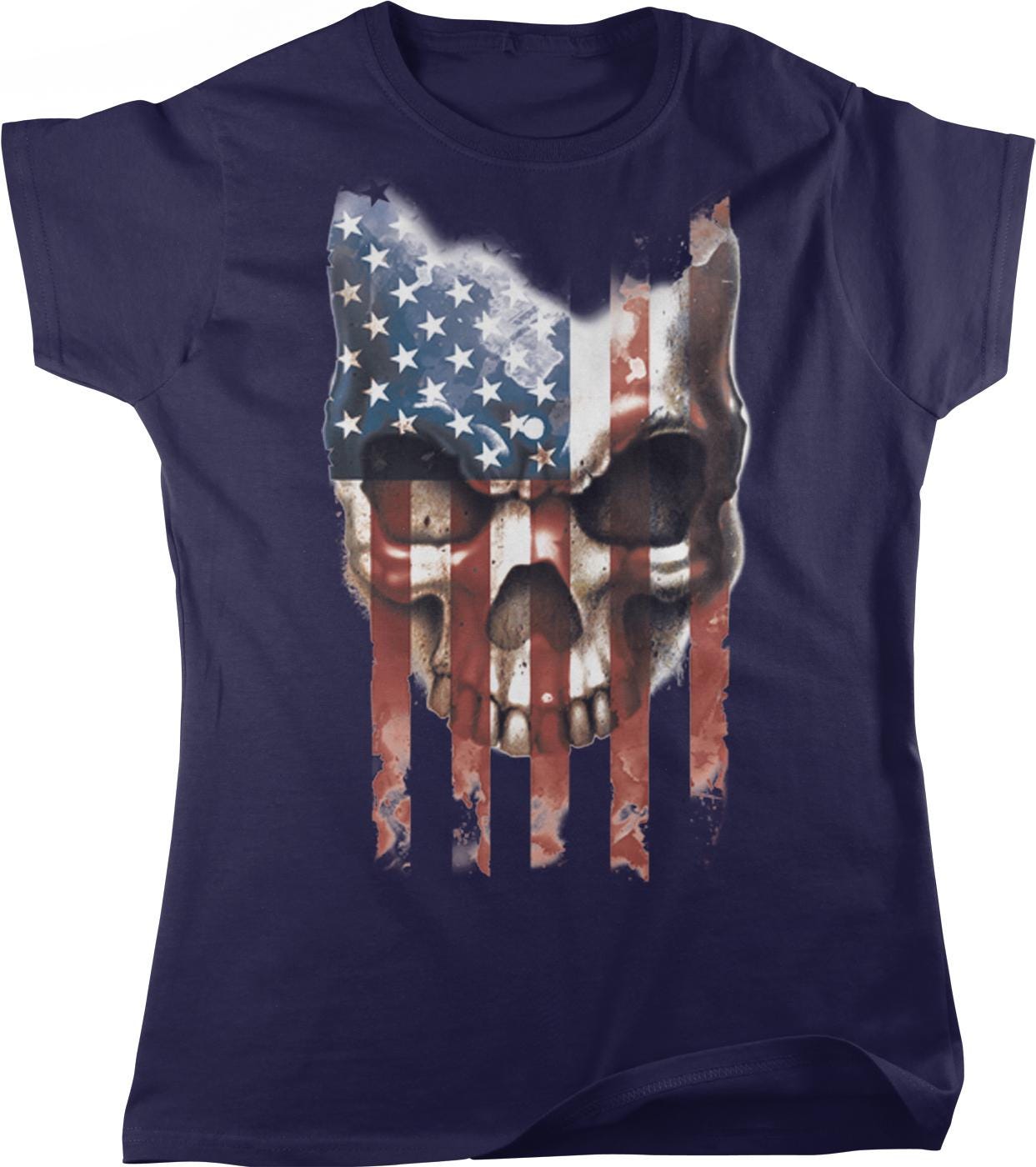 A dark blue t-shirt with a graphic design depicting a skull wearing an American flag pattern.