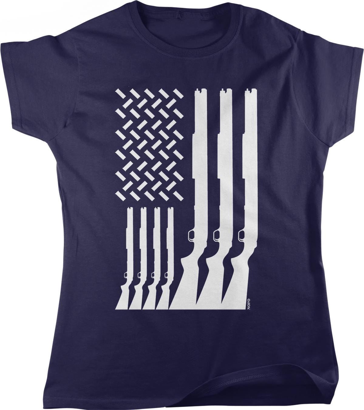 A navy blue t-shirt with a graphic design depicting a pattern of white rifle silhouettes arranged in a diagonal line, resembling the American flag.
