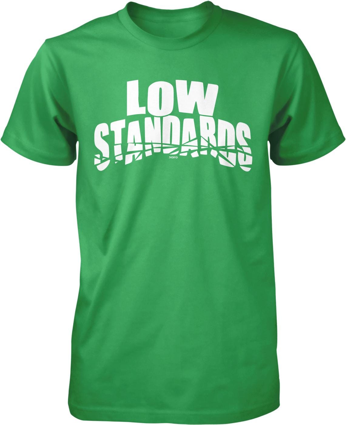 A green t-shirt with the text "LOW STANDARDS" printed on it in white letters.