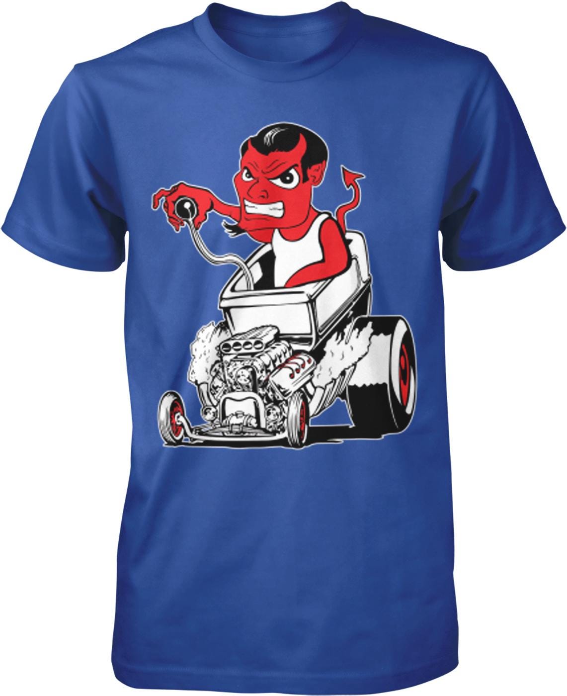 A blue t-shirt with a cartoon image of a red devil-like character sitting in a car with a large engine.