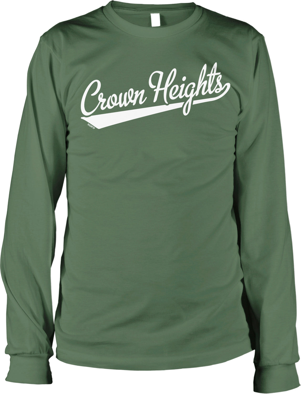 A long-sleeved green t-shirt with the text "Crown Heights" printed on it in white lettering.