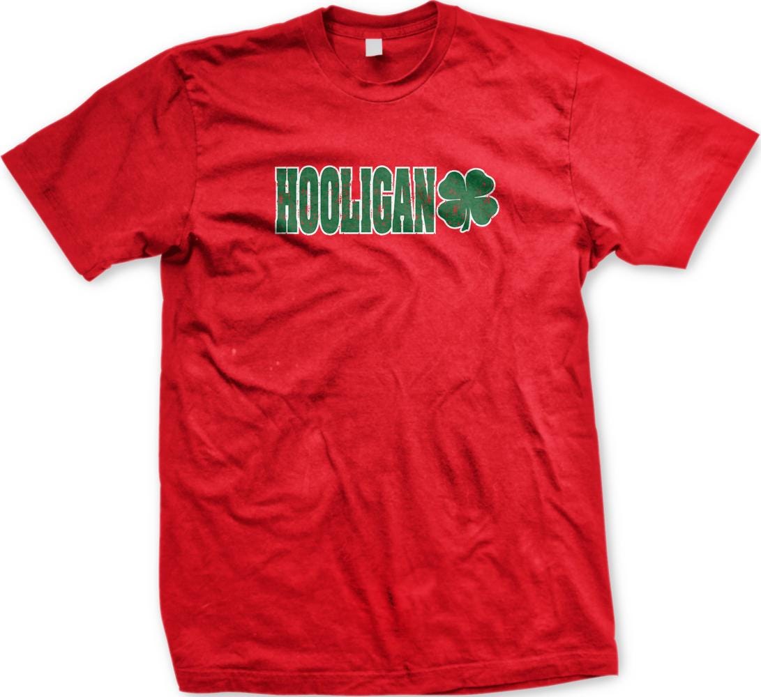 A red t-shirt with the word "Hooligan" printed on it.
